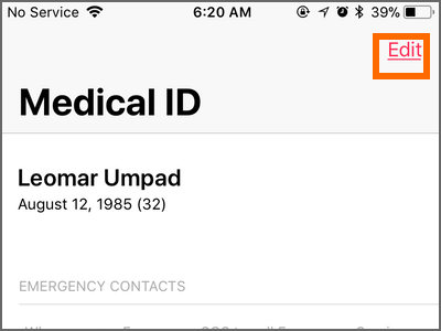 iPhone Health App Medical ID Edit Button