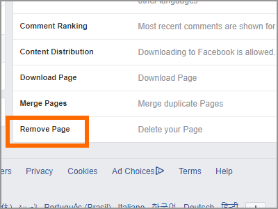 Facebook Page Settings General Remove Page