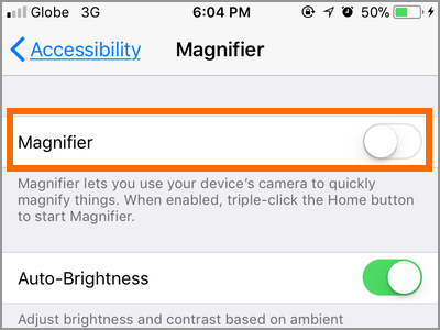 iPhone Settings Accessibility Magnifier Switch