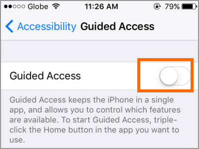 iPhone Settings General Accessibility Guided Access Switch