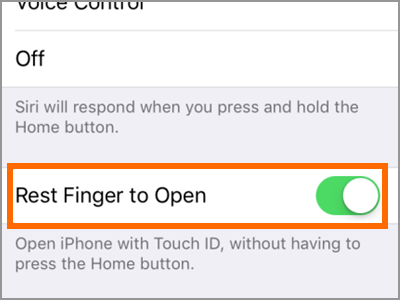 iPhone Settings General Accessibility Home button Rest Finger to Open