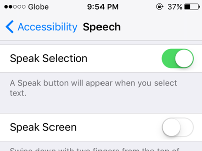 iPhone Settings General Accessibility Speech Options