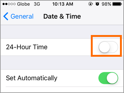 iPhone Settings General Date and Time 24H time