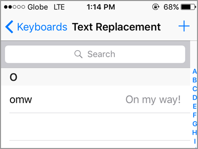 iPhone Settings General Keyboard Text Replacement Page