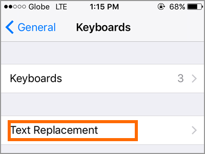 iPhone Settings General Keyboard Text Replacement