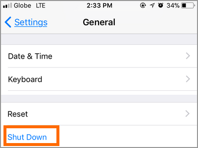 iPhone Settings General Scroll Down Shut Down