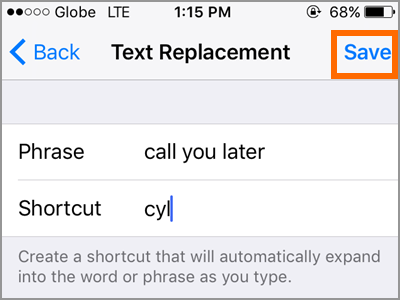 iPhone Text Replacement Add Text Type Shortcut Save