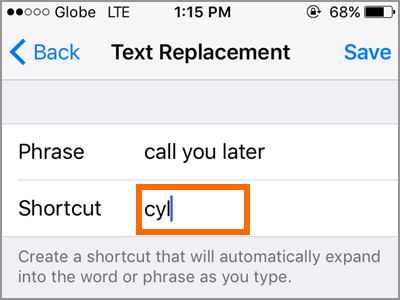 iPhone Text Replacement Add Text Type Shortcut
