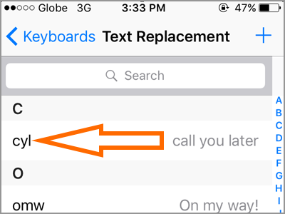 iPhone Text Replacement Swipe to Delete