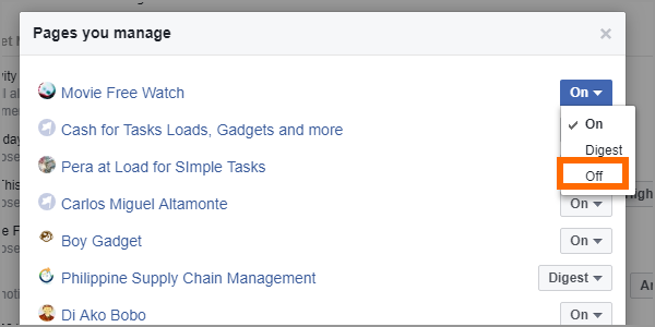 Facebook Web Settings Notifications Edit for Pages You Manage Drop Down OFF
