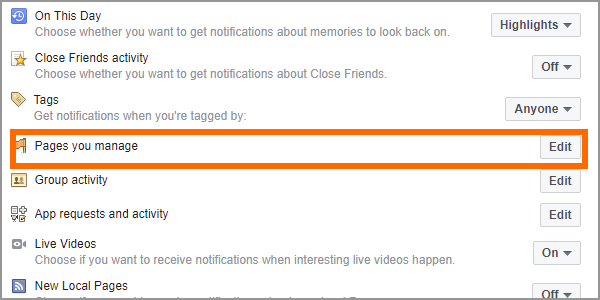 Facebook Web Settings Notifications Edit for Pages You Manage