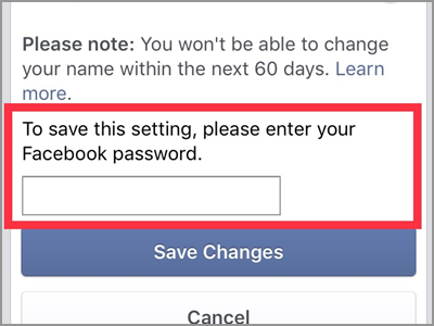 iPhone Facebook Name Change enter Password