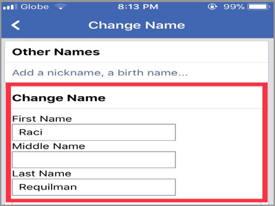 iPhone Home Facebook Menu Settings Account Settings General Name change Name