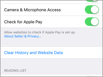 iPhone Home Settings Safari Clear History and Website Data Clear History and Data DONE