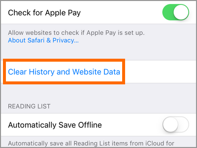 iPhone Home Settings Safari Clear History and Website Data