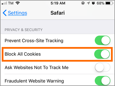 iPhone Settings Safari Block All Cookies Confirm Enabled