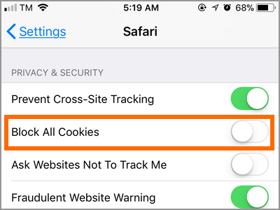 iPhone Settings Safari Block All Cookies