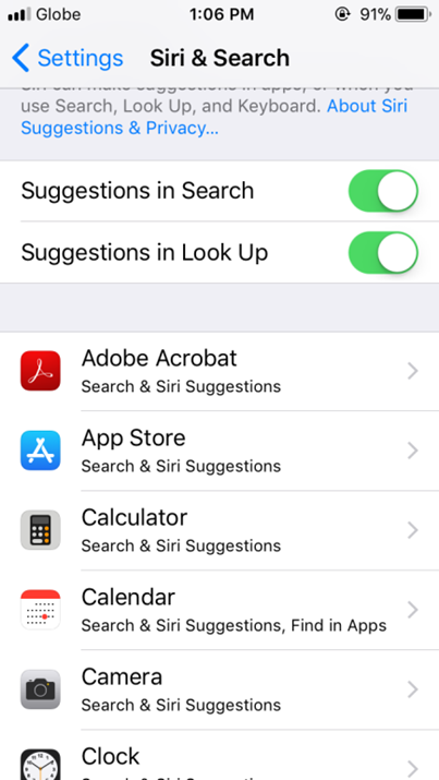 iPhone Settings Siri and Search options scroll down