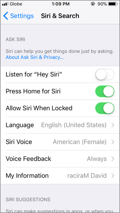 iPhone Settings Siri and Search options
