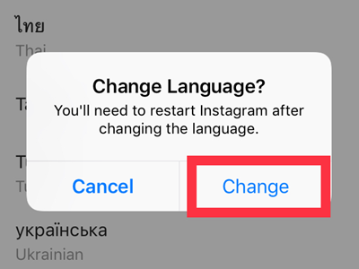Instagram Settings Language Confirm Change