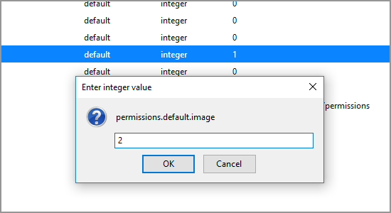 Firefox about config permissions.image integer value change