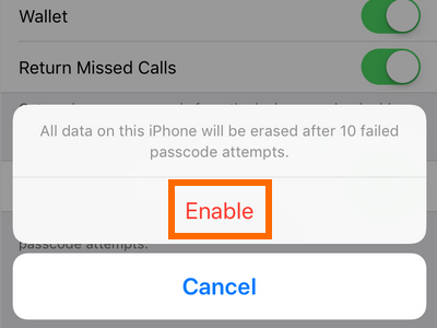 iPhone Settings Touch ID and Passcode Erase Data Enable