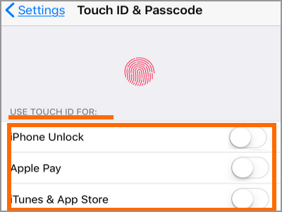 iPhone Settings Touch ID and Passcode Use Touch ID Turned OFF