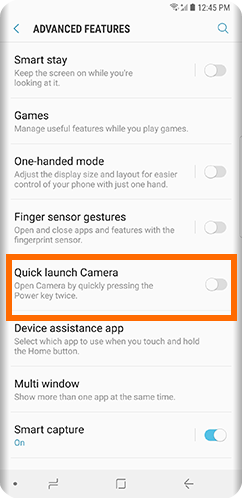 Galaxy S9 Home Settings Advanced Features Quick Launch Camera OFF