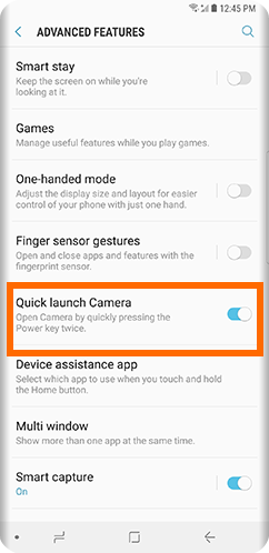 Galaxy S9 Home Settings Advanced Features Quick Launch Camera