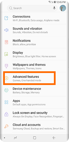 Galaxy S9 Home Settings Advanced Features