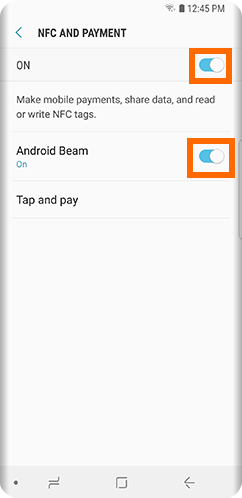 S9 Settings Connections NFC and Payment Android BEam ON