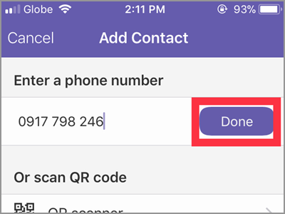 Viber More Add Contact Enter Phone Number done