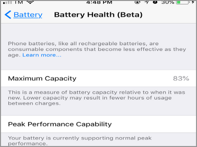 iPhone Settings Battery Health Page