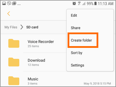 Android File Manager SD Card Storage More Settings Create Folder