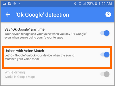 Android Settings Lock Screen And Security Smart Lock Voice Match OK Google At Any Time Unlock with Voice Match