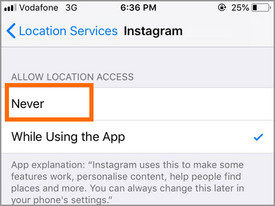 iPhone Settings Privacy Location Services Select App Never