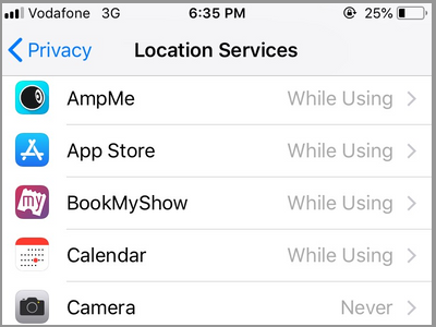 iPhone Settings Privacy Location Services Select App