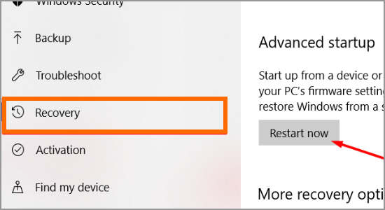 Windows Restart button Update and Security Recovery