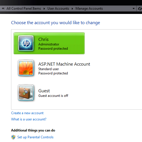 Manage Other Accounts Screen Windows 7