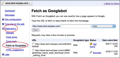 Using google's webmaster central to view as googlebot