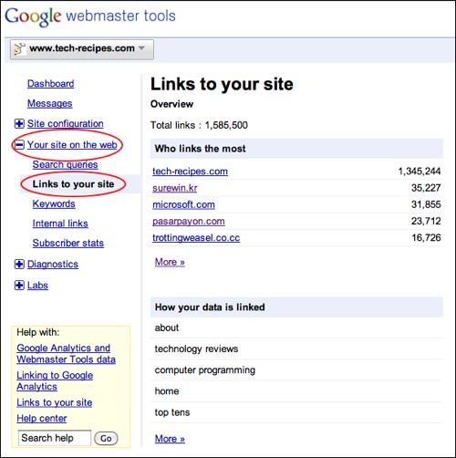 finding links to a site using google webmaster