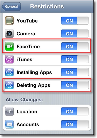 block facetime or app deletion through restrictions