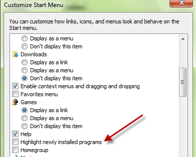 remove highlight start menu items