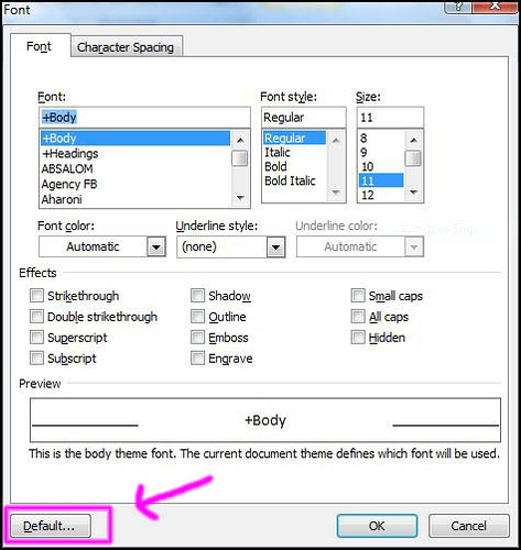 word 2007 select default font 1