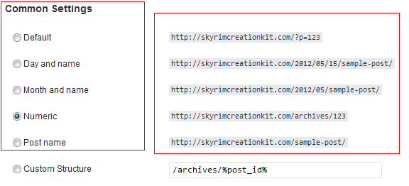 Wordpress Permalinks Common  Settings