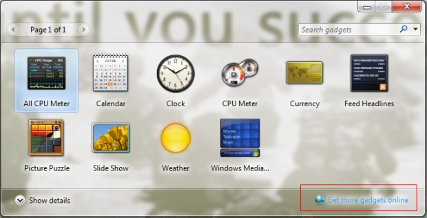 Windows 7 Gadget Menu