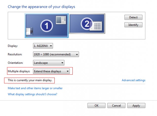 Windows 7 dual monitors extend display