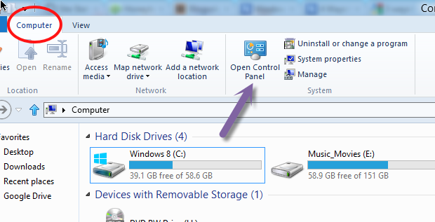 select computer tab and then control panel