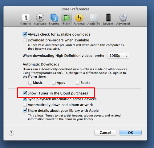 preferences menu, store, uncheck show itunes in the cloud purchases