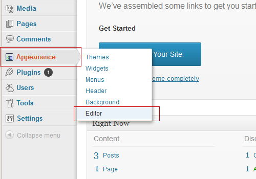 Wordpress Appearance Editor menu